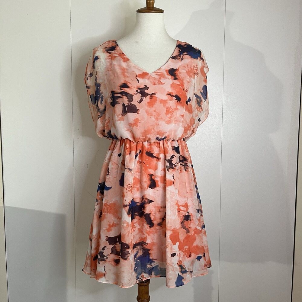 IZ Byer Coral Orange Watercolor Floral Blouson Dress Size S Keyhole Back Lined